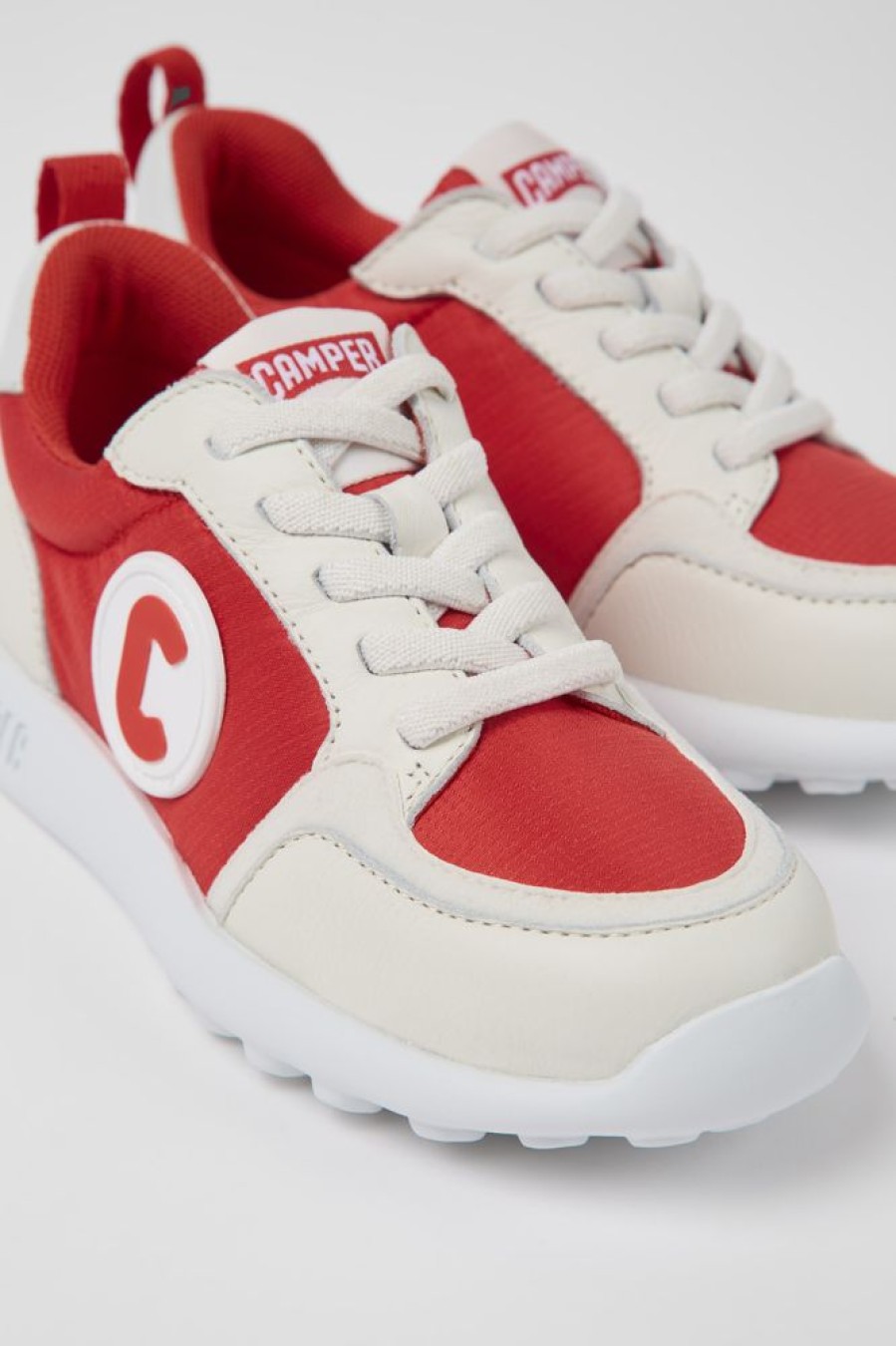 Kinder CamperLab Sneaker | Weis-Roter Kindersneaker Aus Leder Und Textil