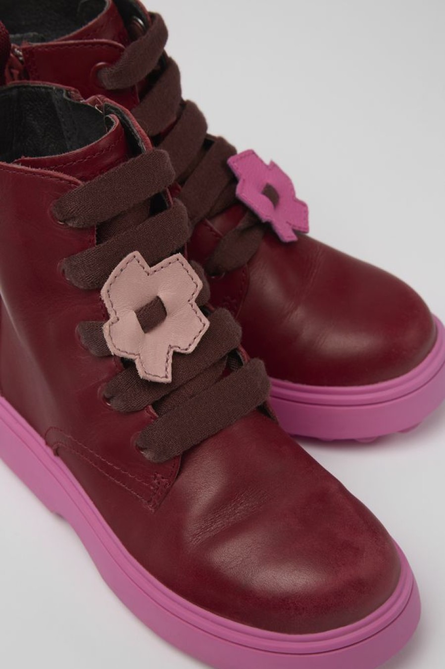 Kinder CamperLab Stiefel | Lederschnurstiefel In Weinrot Und Rosa